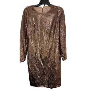 Calvin Klein Sequin Long Sleeve Womens Shift Dress Rose Gold Medium Formal Party